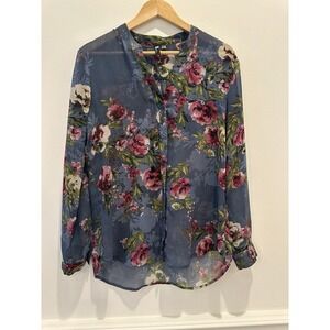 KUT from the Kloth Blue Floral Sheer Button Down Blouse KT32101SF Womens Medium